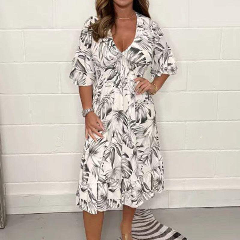 👗✨ Elegantiškos moteriškos suknelės su V formos iškirpte ir botaniniu raštu-LT