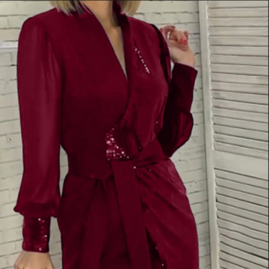 💟Vestido de mujer con escote en pico y lentejuelas-ES
