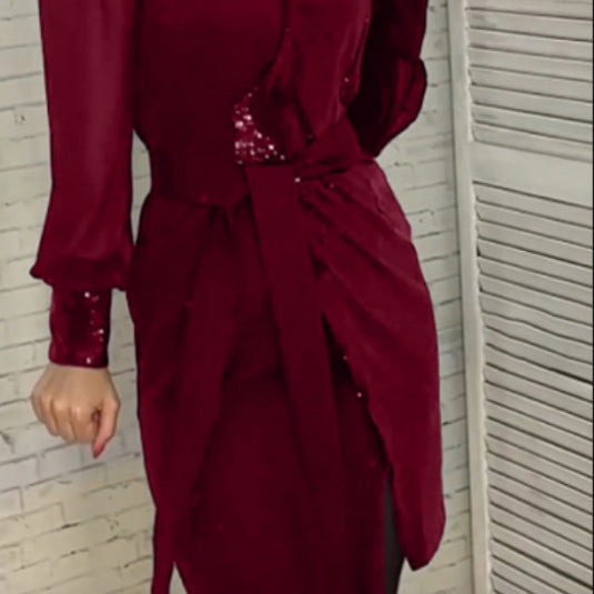 💟Vestido de mujer con escote en pico y lentejuelas-ES