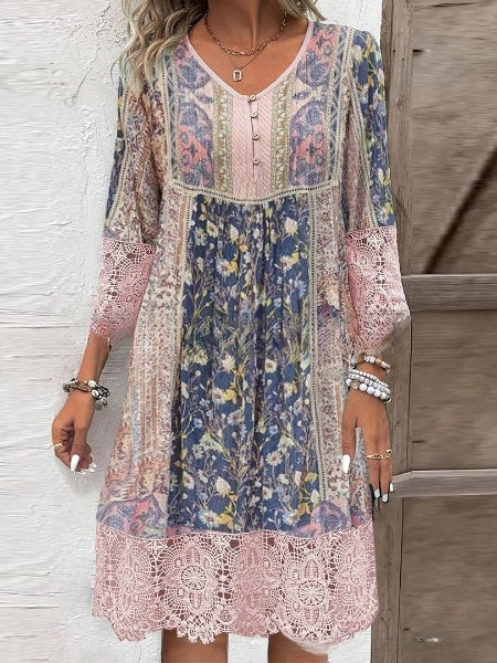 💃Φόρεμα με στάμπα vintage με δαντέλα-GR