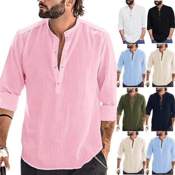 Camisa informal de manga larga de algodón y lino para hombre 2025-ES