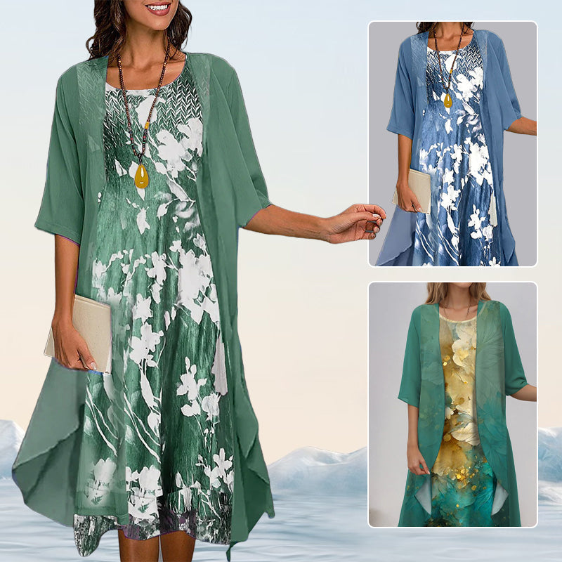 Elegante conjunto de 2 piezas: blusa de media manga + vestido-ES