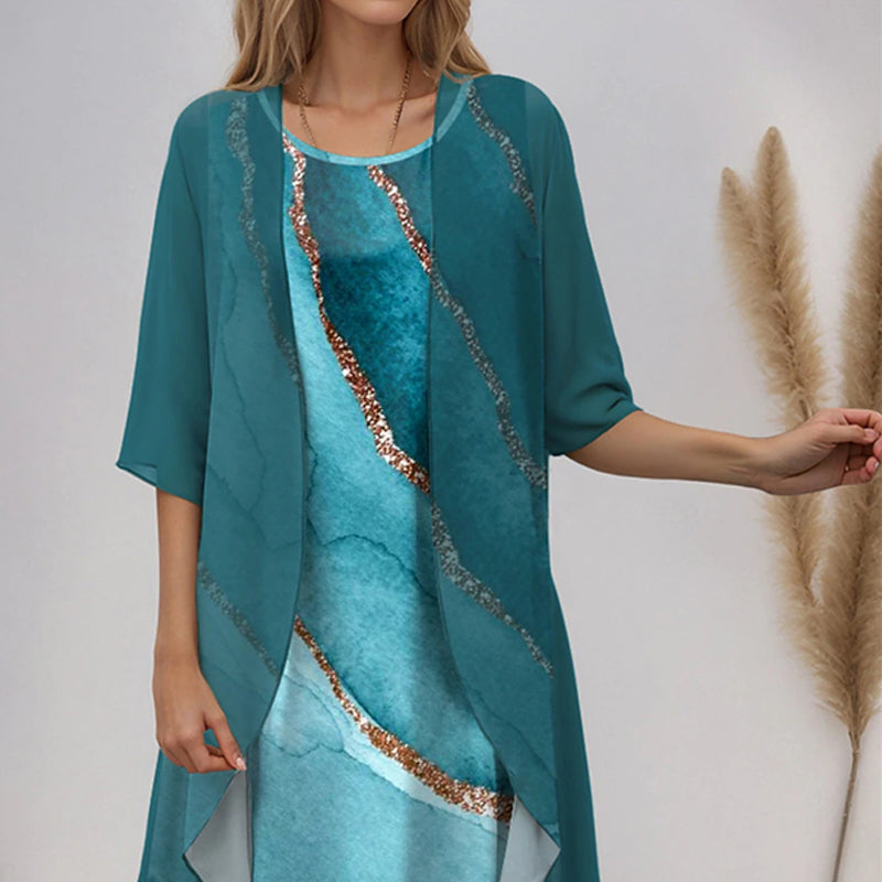Elegante conjunto de 2 piezas: blusa de media manga + vestido-ES