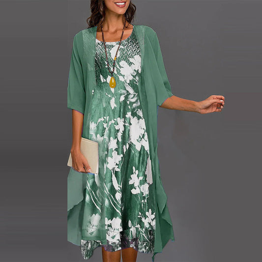 Elegante conjunto de 2 piezas: blusa de media manga + vestido-ES