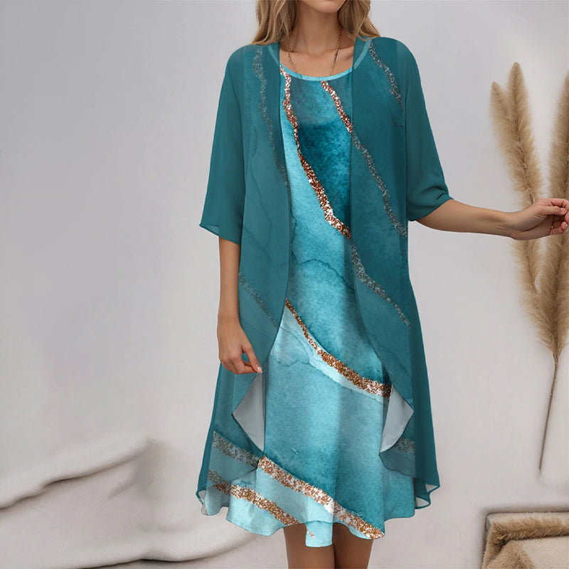 Elegante conjunto de 2 piezas: blusa de media manga + vestido-ES