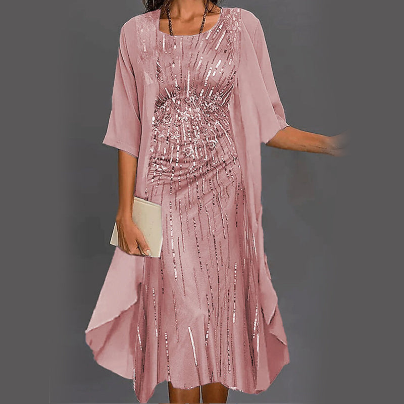 Elegante conjunto de 2 piezas: blusa de media manga + vestido-ES
