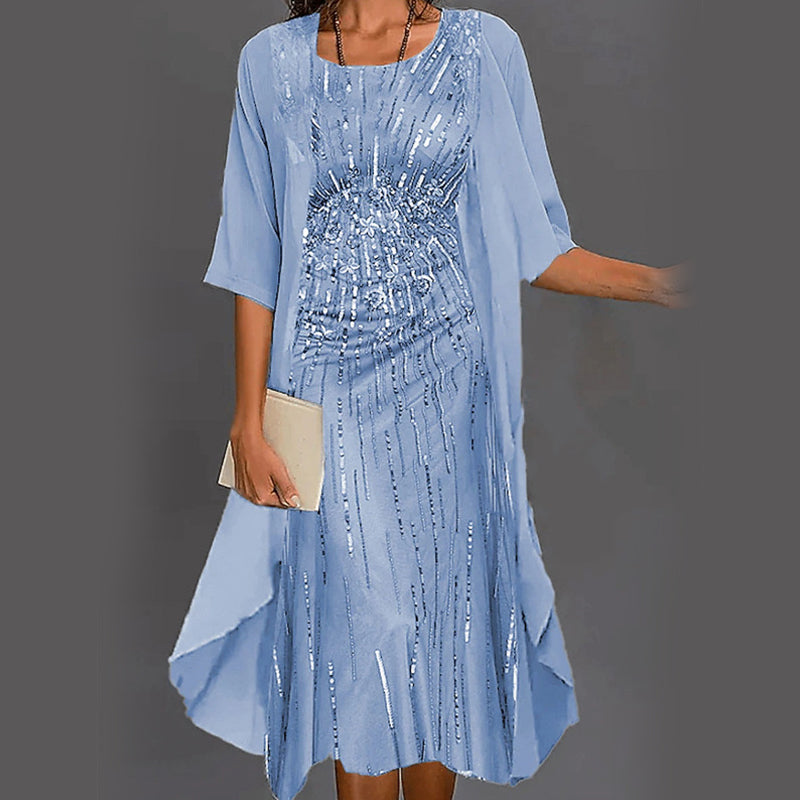 Elegante conjunto de 2 piezas: blusa de media manga + vestido-ES