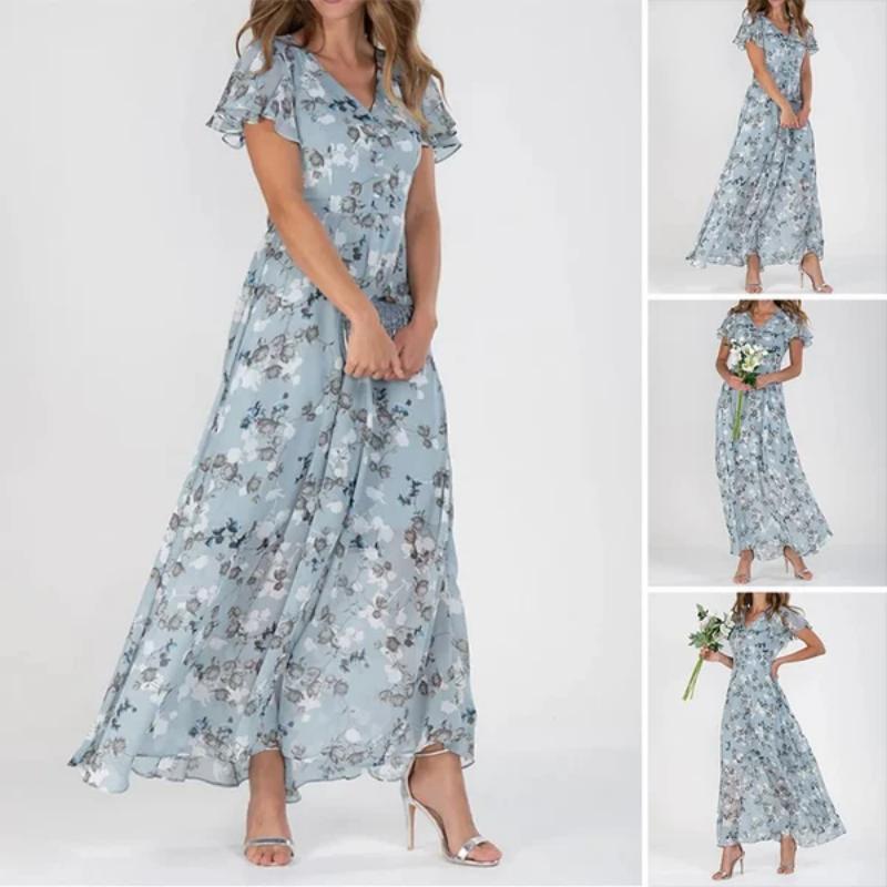 Vestido largo floral ligero de manga corta【M-3XL】-ES