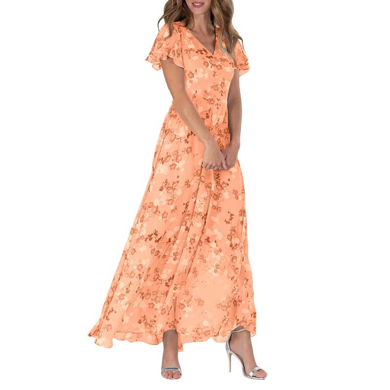Vestido largo floral ligero de manga corta【M-3XL】-ES