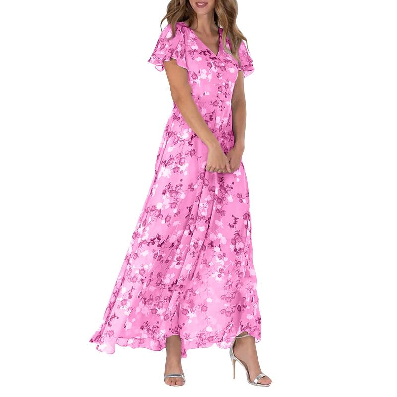 Vestido largo floral ligero de manga corta【M-3XL】-ES