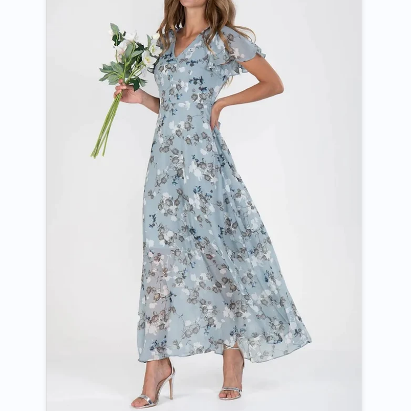 Vestido largo floral ligero de manga corta【M-3XL】-ES
