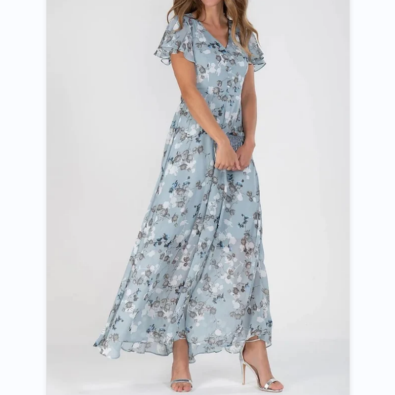 Vestido largo floral ligero de manga corta【M-3XL】-ES