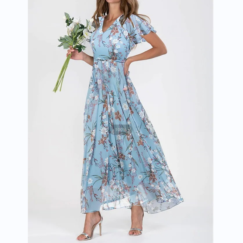 Vestido largo floral ligero de manga corta【M-3XL】-ES