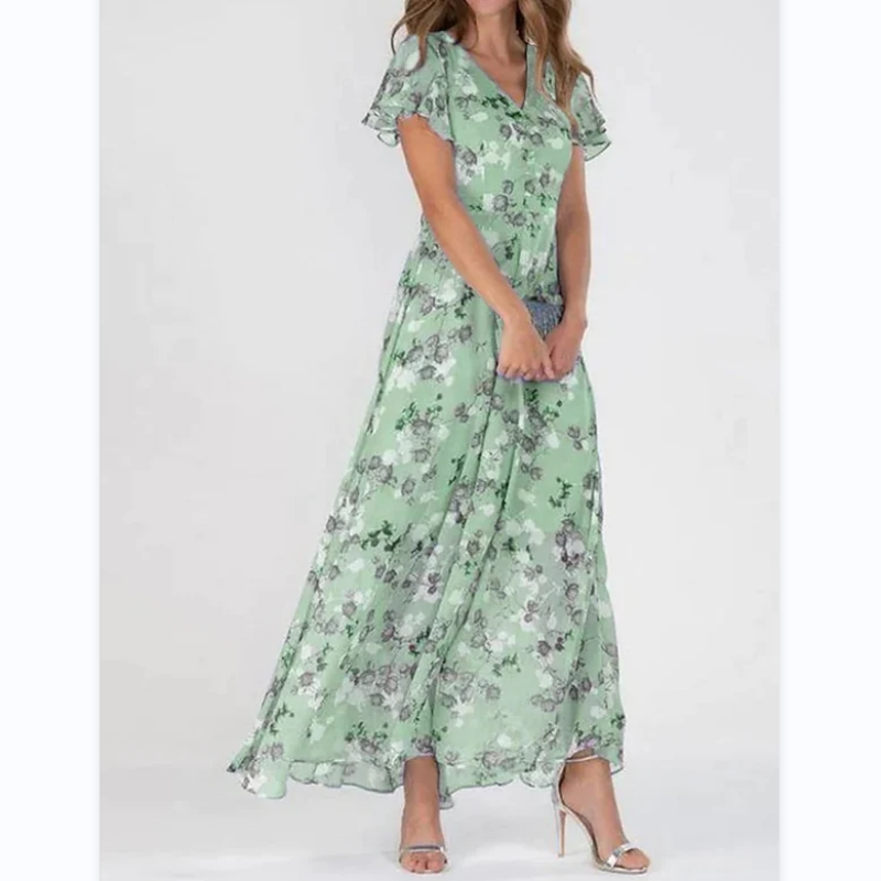 Vestido largo floral ligero de manga corta【M-3XL】-ES