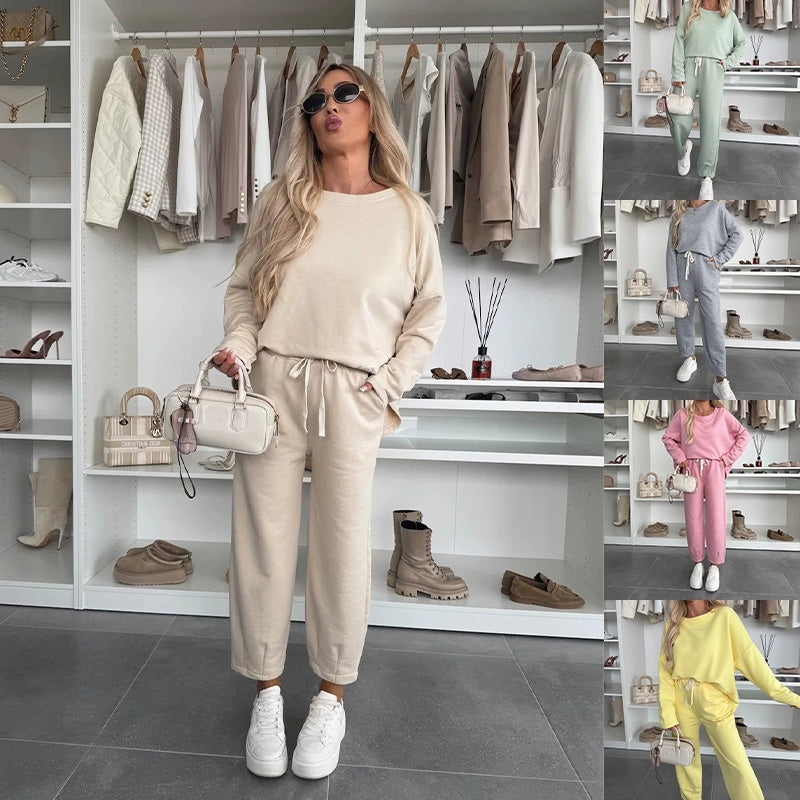 🌸Conjunto de 2 piezas de top sencillo de cuello redondo y pantalón ancho.-ES