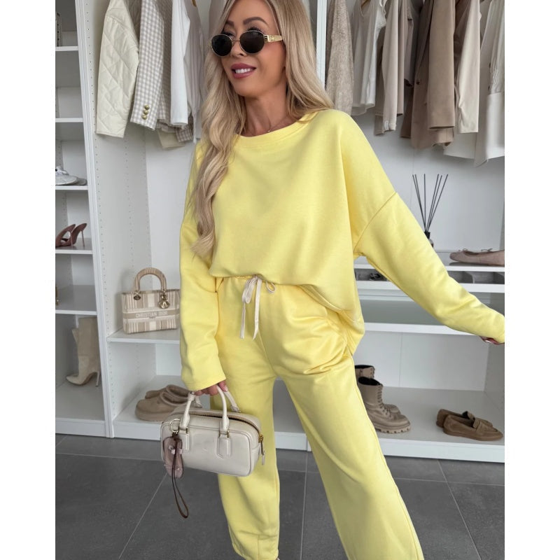 🌸Conjunto de 2 piezas de top sencillo de cuello redondo y pantalón ancho.-ES