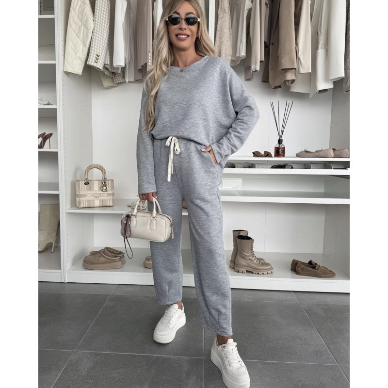 🌸Conjunto de 2 piezas de top sencillo de cuello redondo y pantalón ancho.-ES