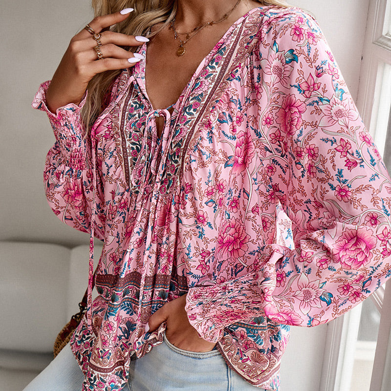 【S-2XL】🌺Γυναικείο μακρυμάνικο μπλουζάκι με στάμπα V λαιμόκοψης-GR