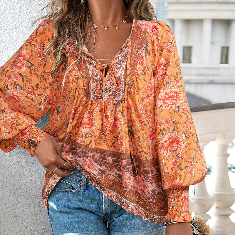 【S-2XL】🌺Γυναικείο μακρυμάνικο μπλουζάκι με στάμπα V λαιμόκοψης-GR
