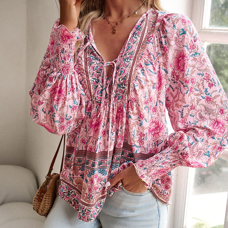 【S-2XL】🌺Γυναικείο μακρυμάνικο μπλουζάκι με στάμπα V λαιμόκοψης-GR
