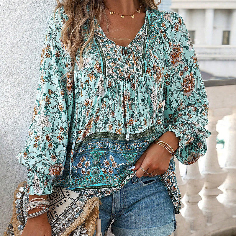 【S-2XL】🌺Γυναικείο μακρυμάνικο μπλουζάκι με στάμπα V λαιμόκοψης-GR