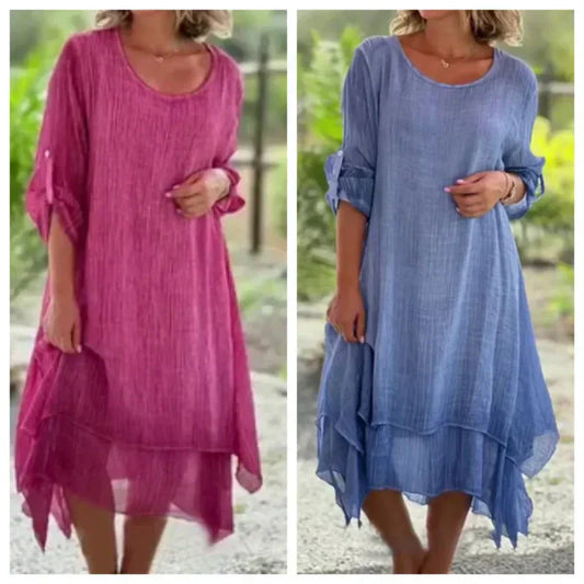 💕Vestido elegante de color liso con cuello redondo y corte holgado para mujer-ES