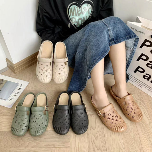 Apvalios galvutės tuščiavidurės raižytos gėlės su žemu kulnu moteriškos šlepetės-LT