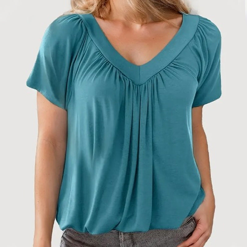 💖Γυναικείο casual πλισέ τοπ με κοντό μανίκι και λαιμόκοψη σε σχήμα V-GR