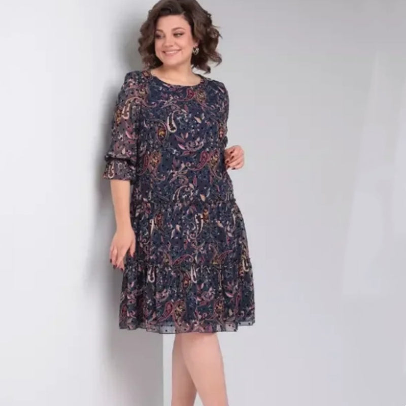 💐Γυναικείο Casual Φόρεμα με Στρογγυλή Λαιμόκοψη και Στάμπα-GR