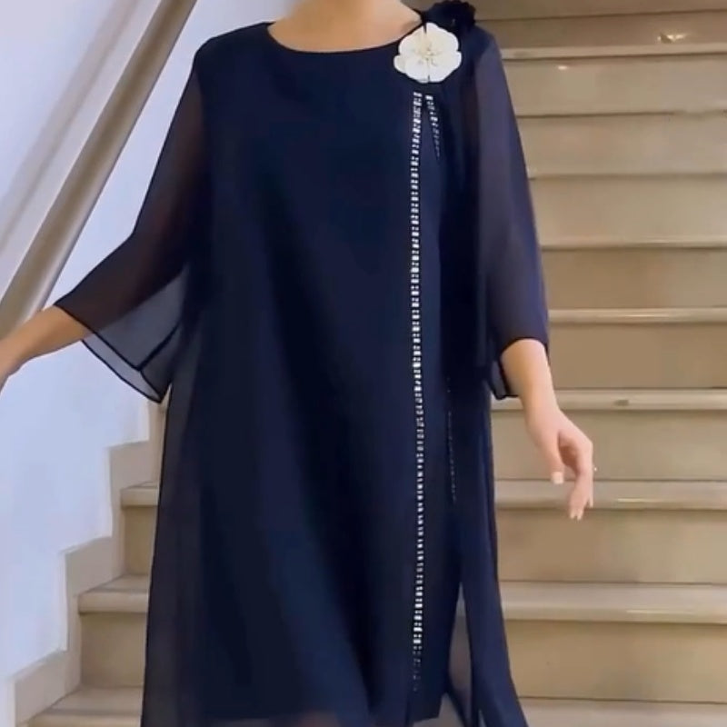 🌸✨【S-4XL】Γυναικείο δικτυωτό φόρεμα με στρογγυλή λαιμόκοψη με φλοράλ προφορά-GR