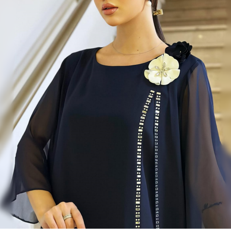 🌸✨【S-4XL】Γυναικείο δικτυωτό φόρεμα με στρογγυλή λαιμόκοψη με φλοράλ προφορά-GR