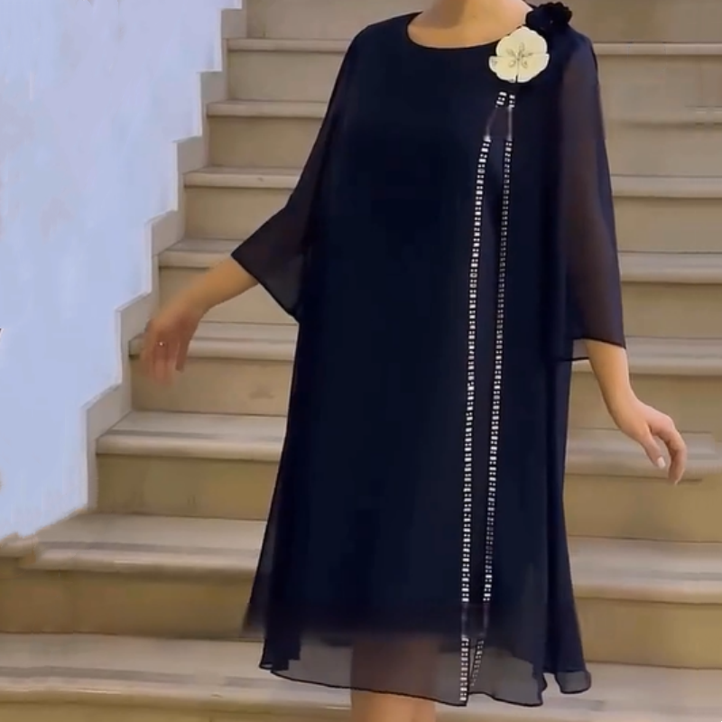 🌸✨【S-4XL】Γυναικείο δικτυωτό φόρεμα με στρογγυλή λαιμόκοψη με φλοράλ προφορά-GR