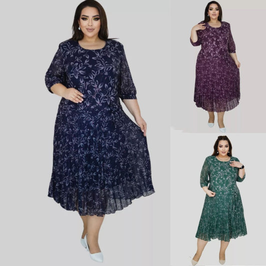 Apvalia iškirpte, 3/4 rankovėmis marginta maksi suknelė-LT