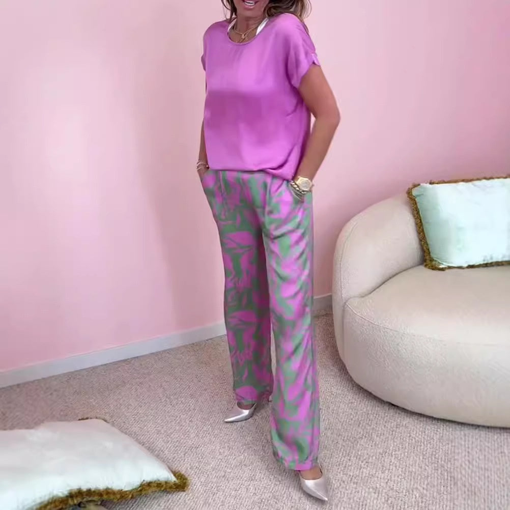 🎉【S-4XL】💝Conjunto de dos piezas: top de cuello redondo y pantalón estampado de pierna ancha-ES