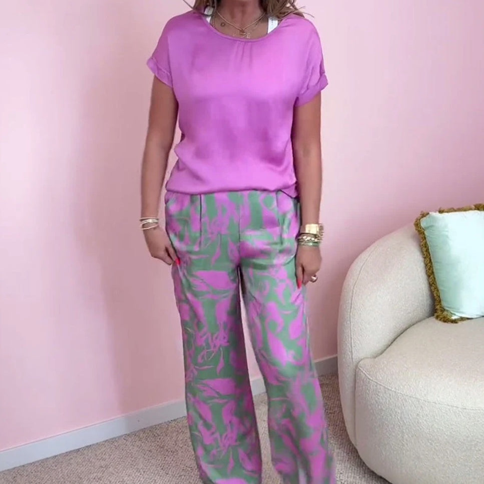 🎉【S-4XL】💝Conjunto de dos piezas: top de cuello redondo y pantalón estampado de pierna ancha-ES