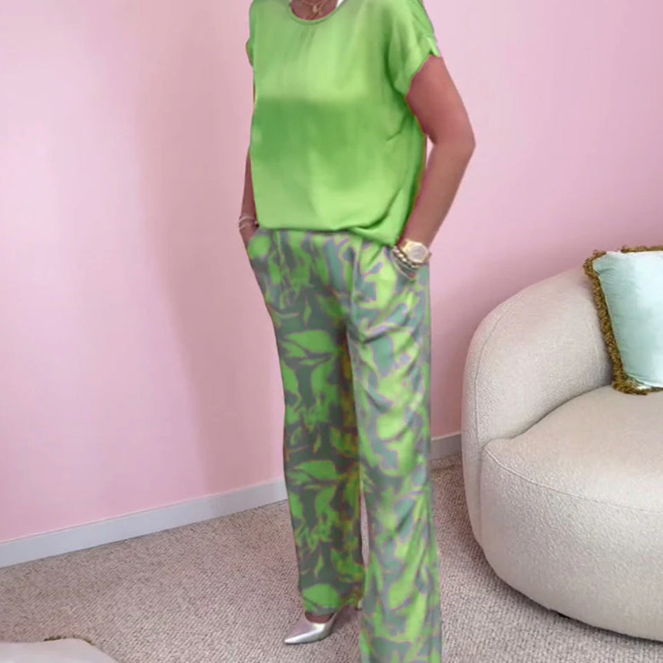 🎉【S-4XL】💝Conjunto de dos piezas: top de cuello redondo y pantalón estampado de pierna ancha-ES