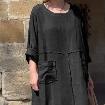 🌿Μονόχρωμο φόρεμα με στρογγυλή λαιμόκοψη, αναπνεύσιμο🌪️-GR