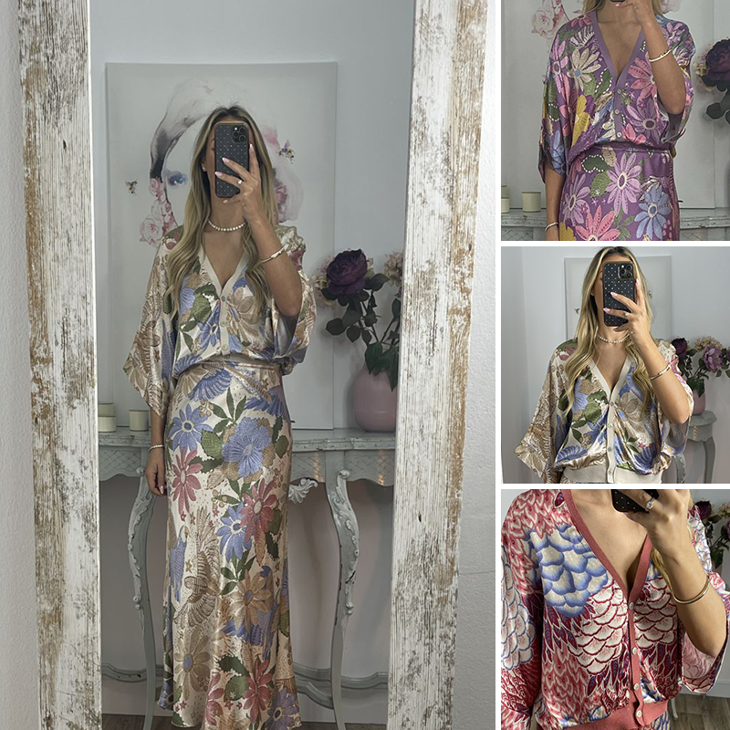 🏆🌸Conjunto de dos piezas para mujer: top con escote en pico y falda larga-ES