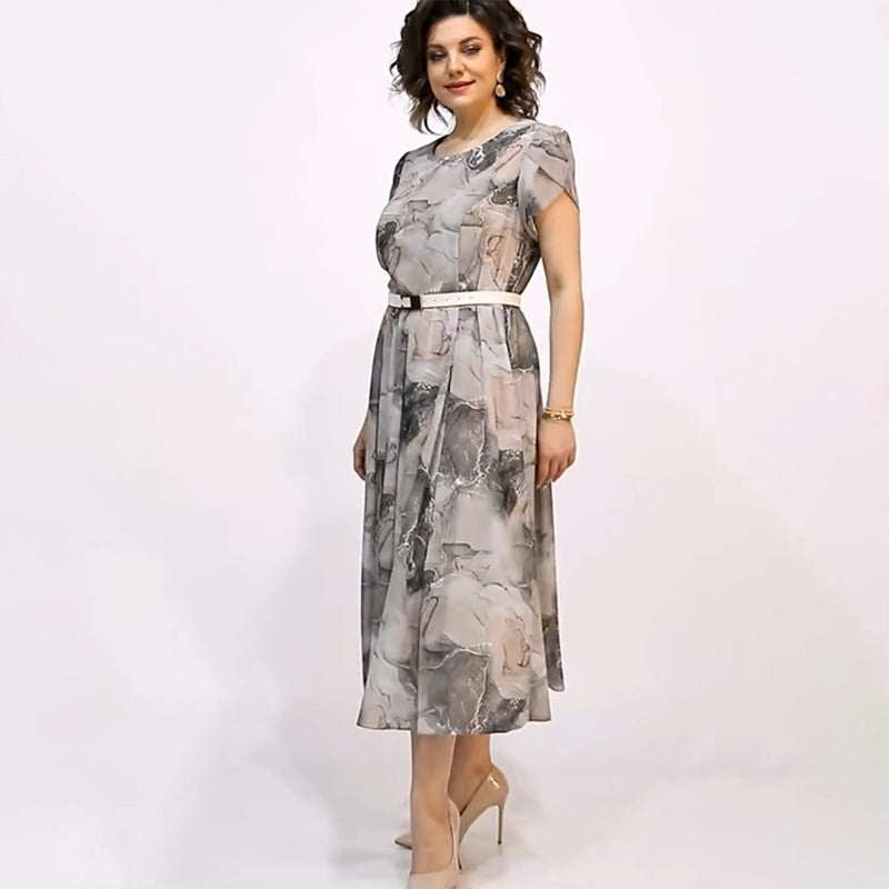Ženska elegantna midi haljina s okruglim izrezom i kratkim rukavima-HR