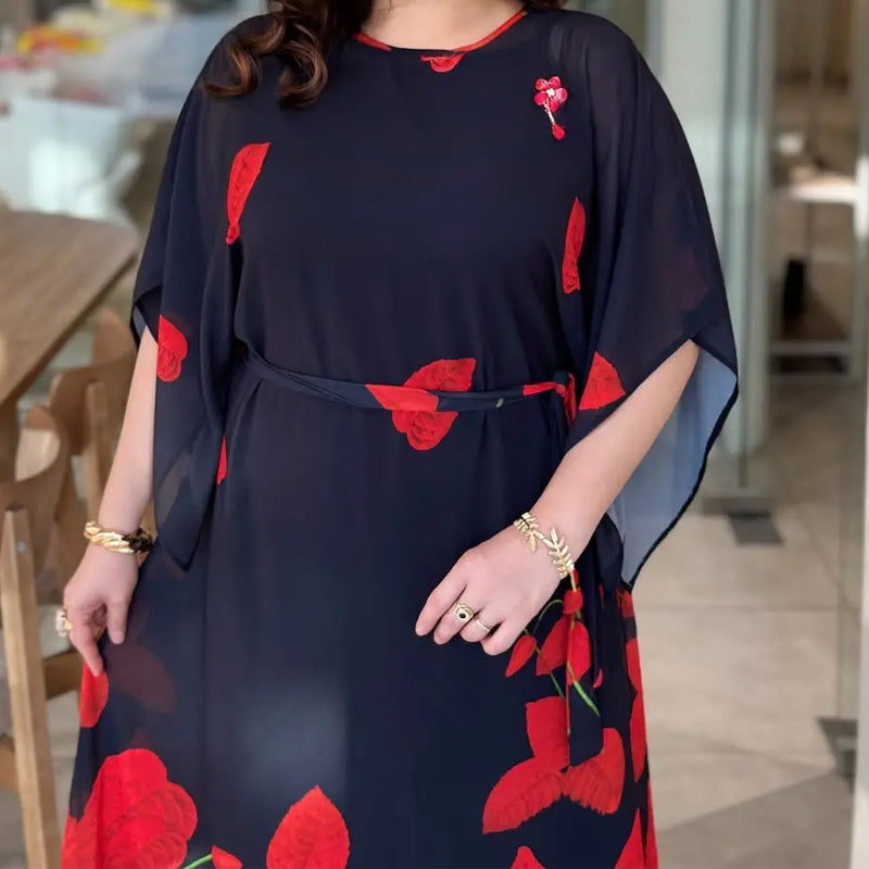 👗Vestido con cuello redondo y cinturón con vuelo 🌸 | Estampado floral | Silueta ajustable-ES