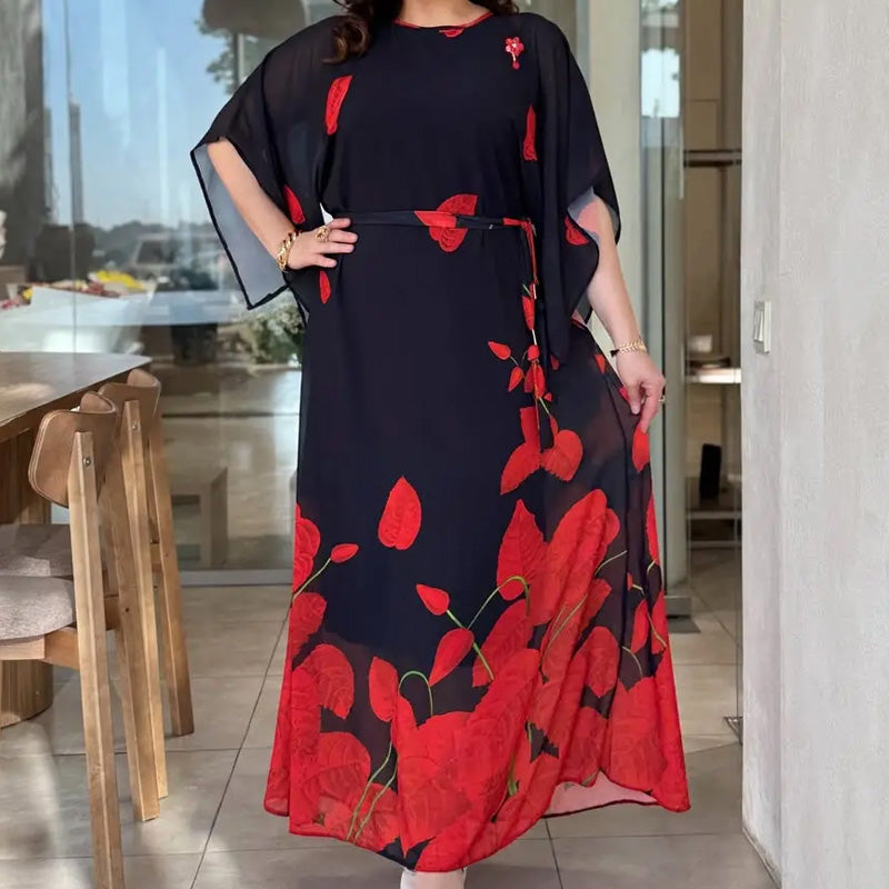 👗Vestido con cuello redondo y cinturón con vuelo 🌸 | Estampado floral | Silueta ajustable-ES