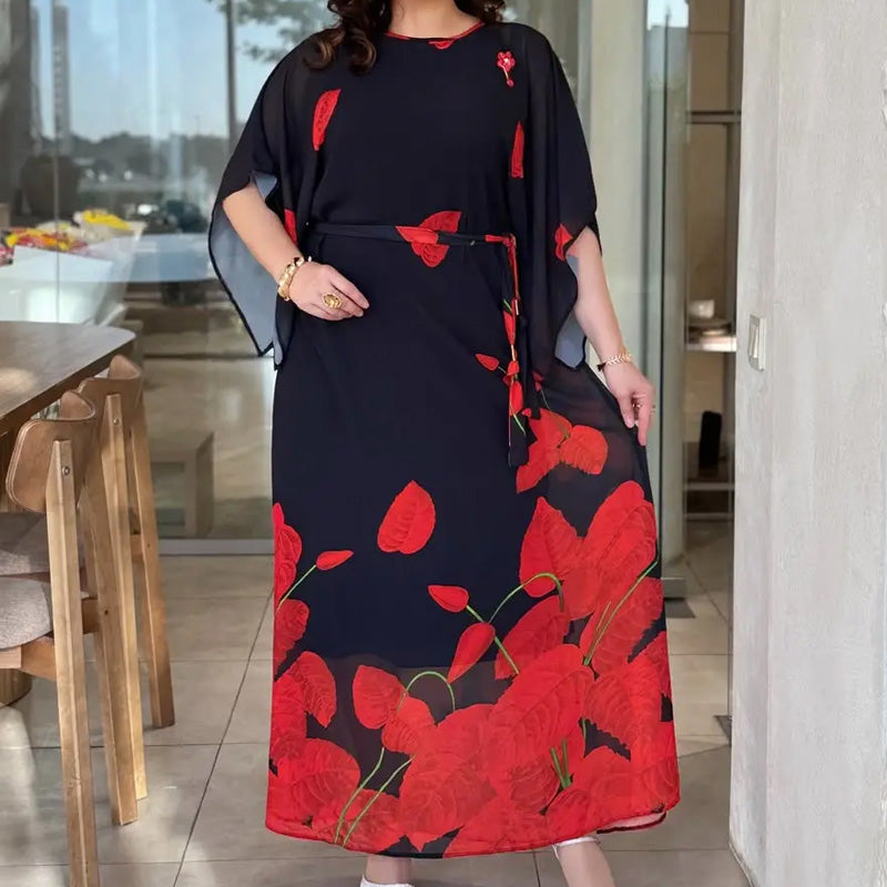 👗Vestido con cuello redondo y cinturón con vuelo 🌸 | Estampado floral | Silueta ajustable-ES