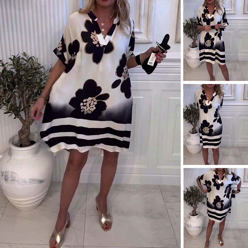 🌸😘 Moteriška laisva suknelė su raštu ir gilia V formos iškirpte🔥-LT