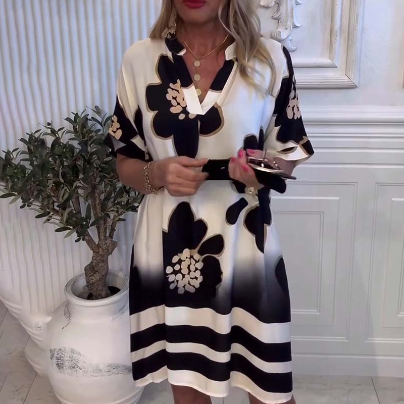 🌸😘 Moteriška laisva suknelė su raštu ir gilia V formos iškirpte🔥-LT