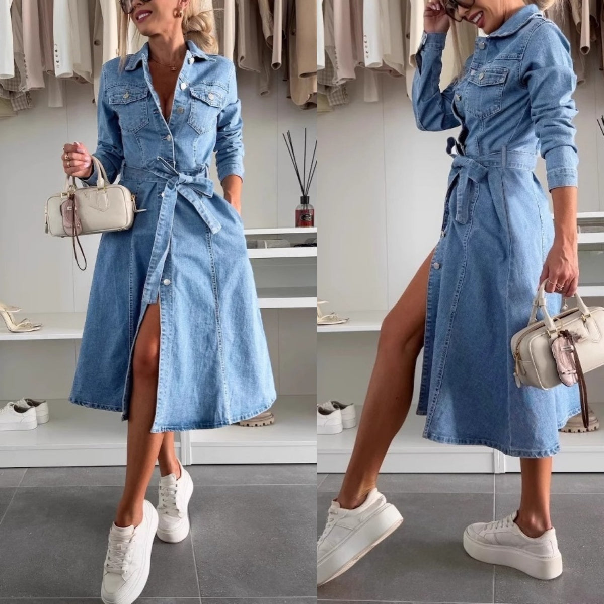 ✨Moteriška džinsinė suknelė ilgomis rankovėmis ir sagomis👗-LT
