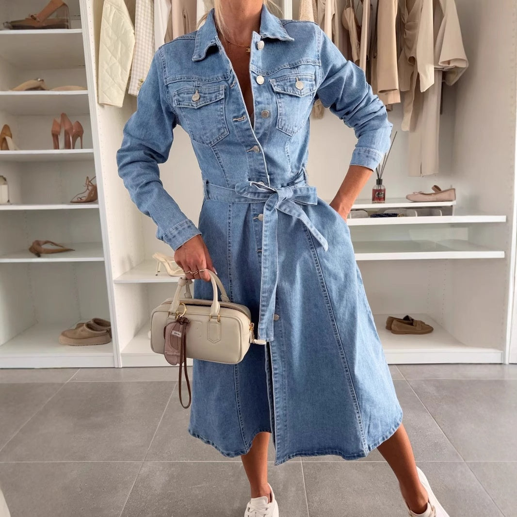 ✨Moteriška džinsinė suknelė ilgomis rankovėmis ir sagomis👗-LT