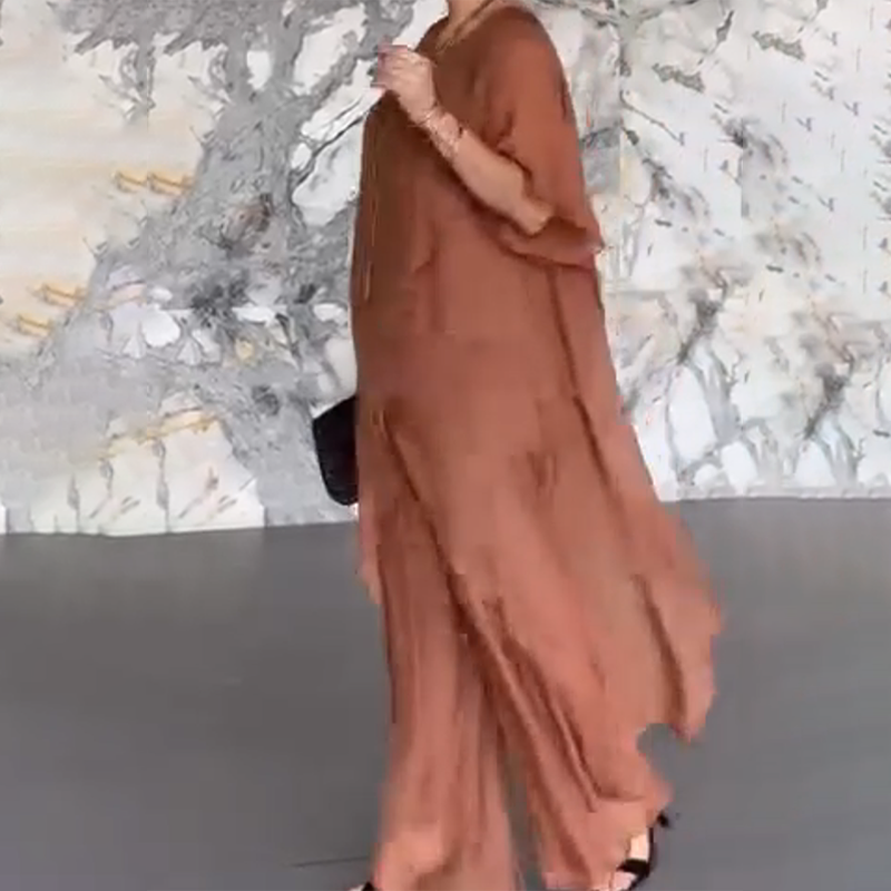 🛍️✨ Moteriškas komplektas, kurį sudaro netaisyklingos formos palaidinė ir lengvos kelnės-LT