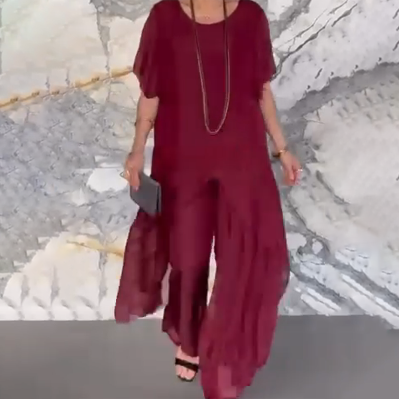 🛍️✨ Moteriškas komplektas, kurį sudaro netaisyklingos formos palaidinė ir lengvos kelnės-LT