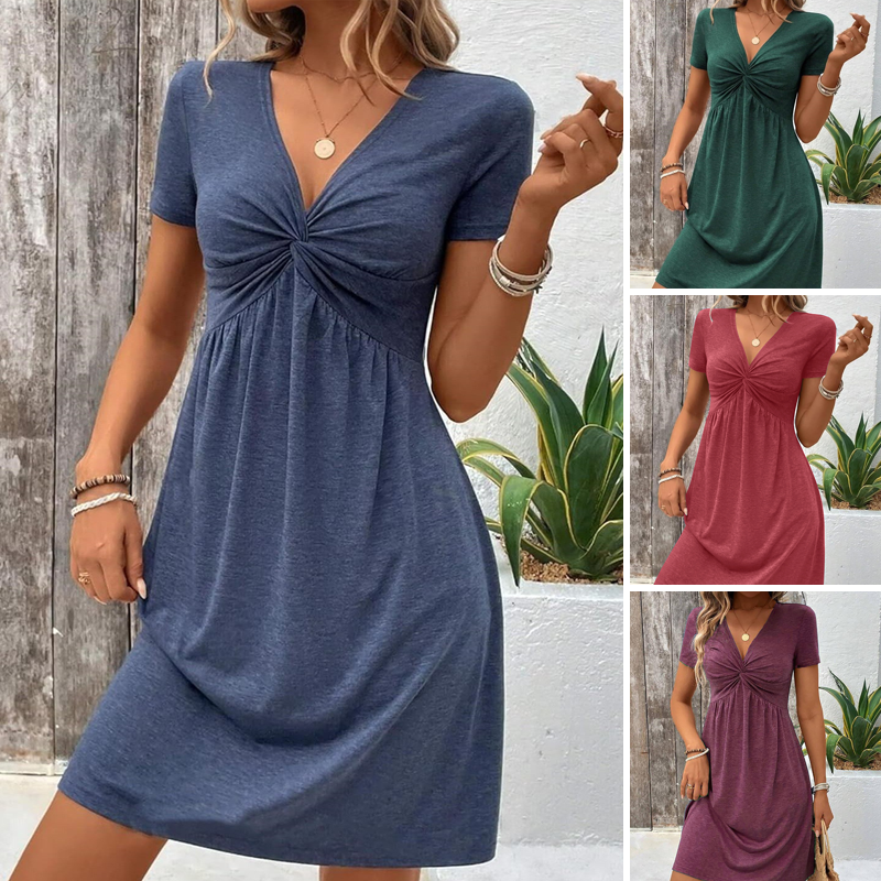 【S-2XL】👗Ženska obleka s kratkimi rokavi in V-izrezom-SI