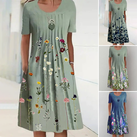 【S-3XL】👗Gėlėta suknelė su apvalia iškirpte-LT